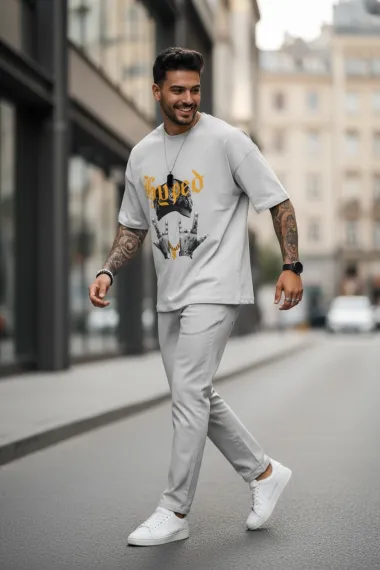 Tricou barbati gri, cu imprimeu, oversize Y171 22A-2.2